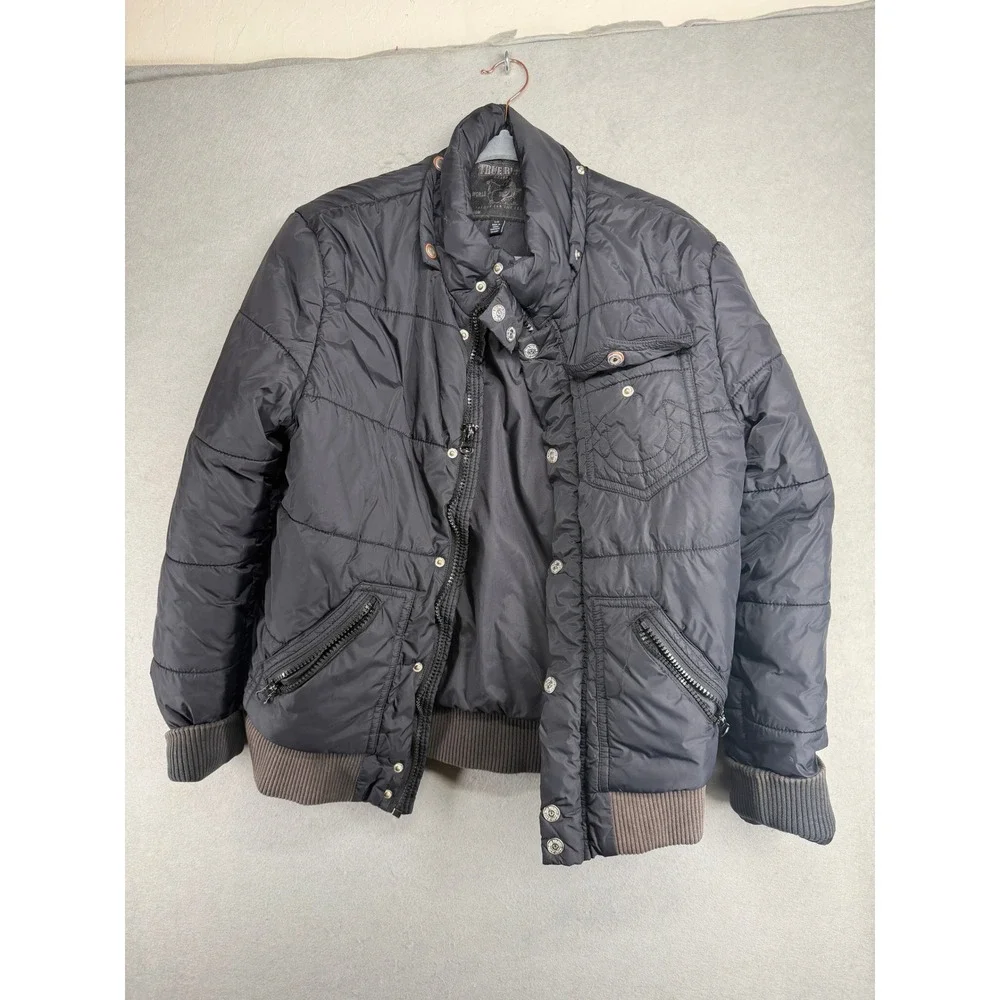 True Religion Y2K Mens Black Quilted Puffer Bomber Jacket Size Large w tear flaw